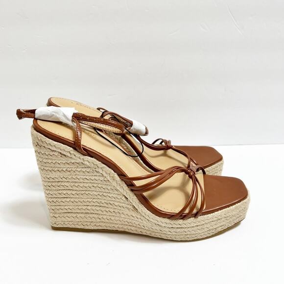 EXPRESS STRAPPY WEDGE SQUARE TOE WOMEN SANDALS COGNAC SIZE 9 BRAND NEW - Picture 2 of 5